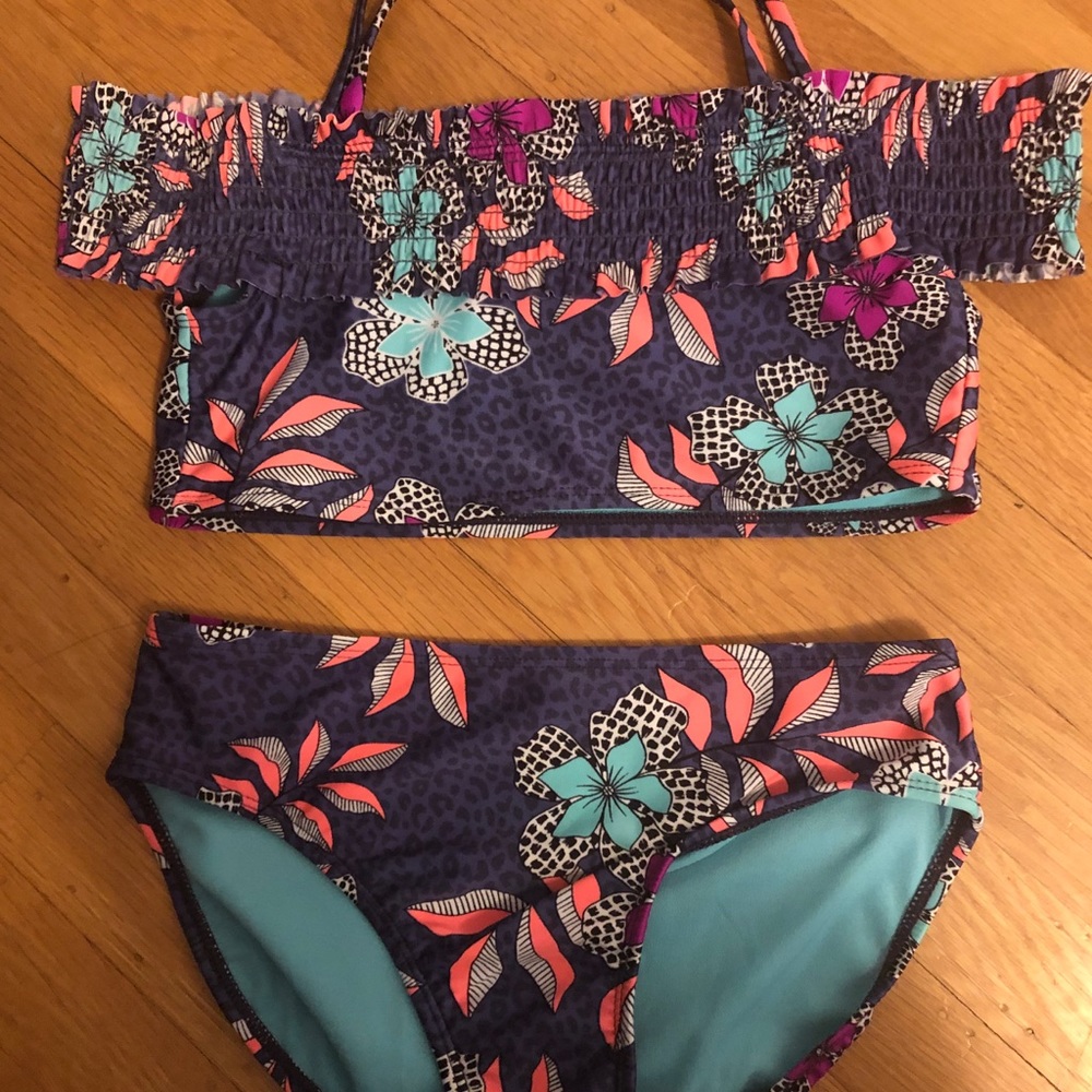 navy blue floral swimsuit